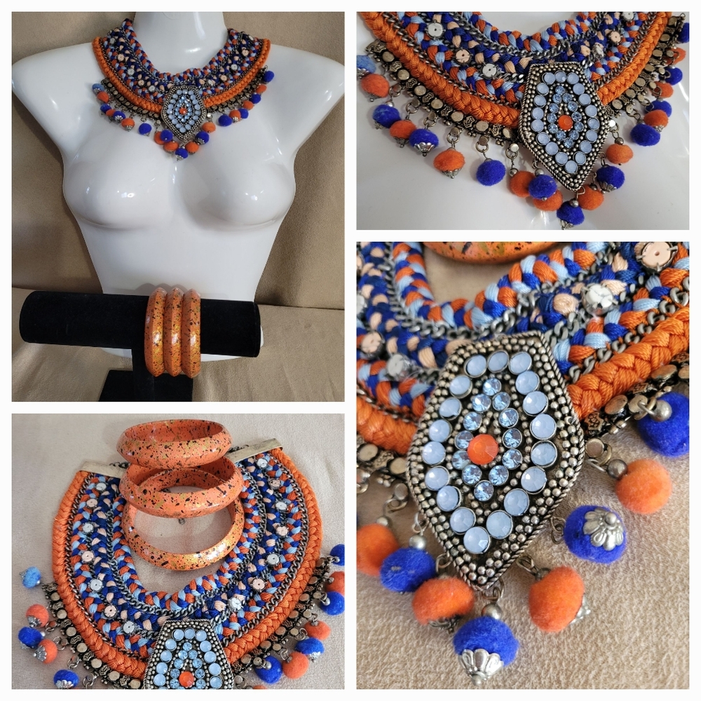 Vibrant Orange and Blue Statement Necklace and Bracelet Set